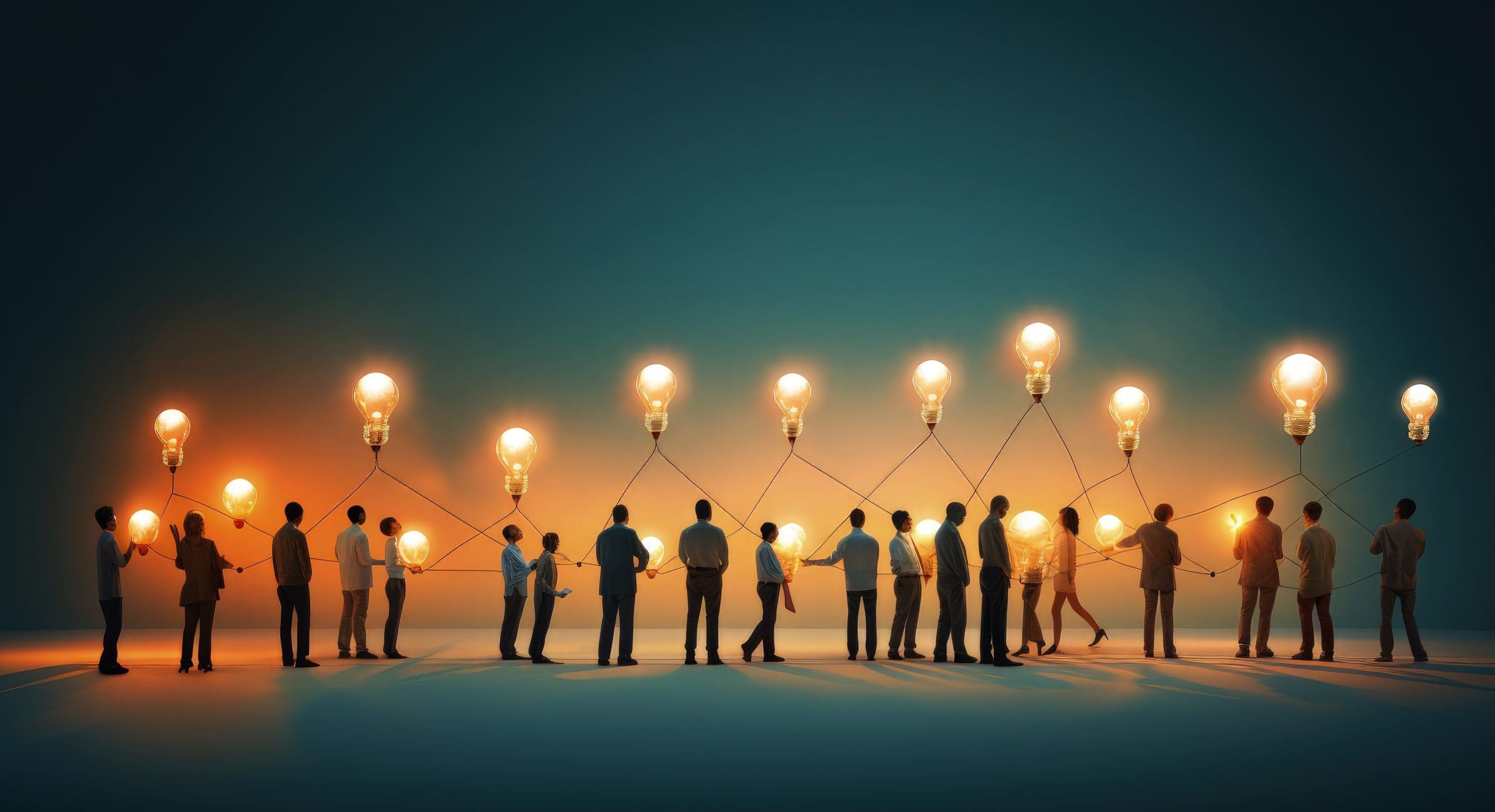 A group of people holding light bulbs.