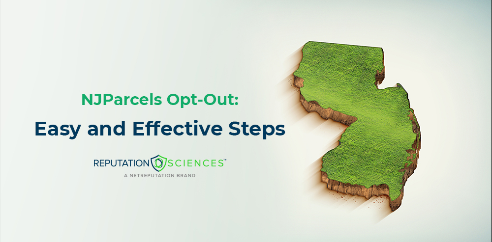 Promotional image for njparcels opt out by reputation sciences, featuring a stylized, grass-covered new jersey shaped cutout on a clean background.