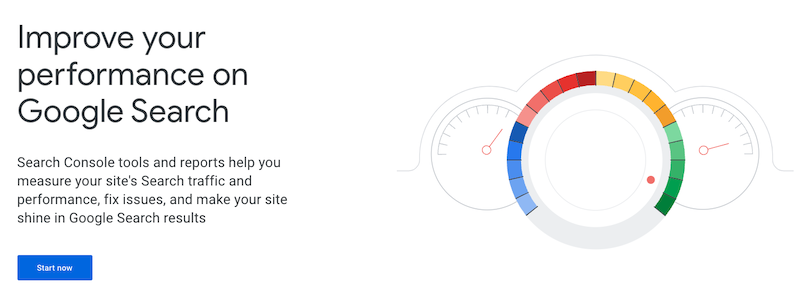 Text promoting Google Search Console on the left side with the message: "Improve your performance on Google Search." On the right side, there's a colorful gauge indicating performance levels. Below the text, there's a blue "Start now" button to help you remove outdated content from Google Search.